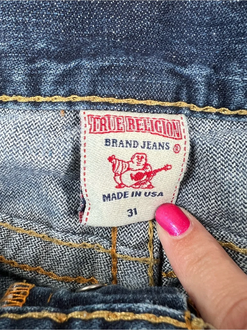 True Religion Dark Blue Denim Jeans with Yellow Contrast Stitching